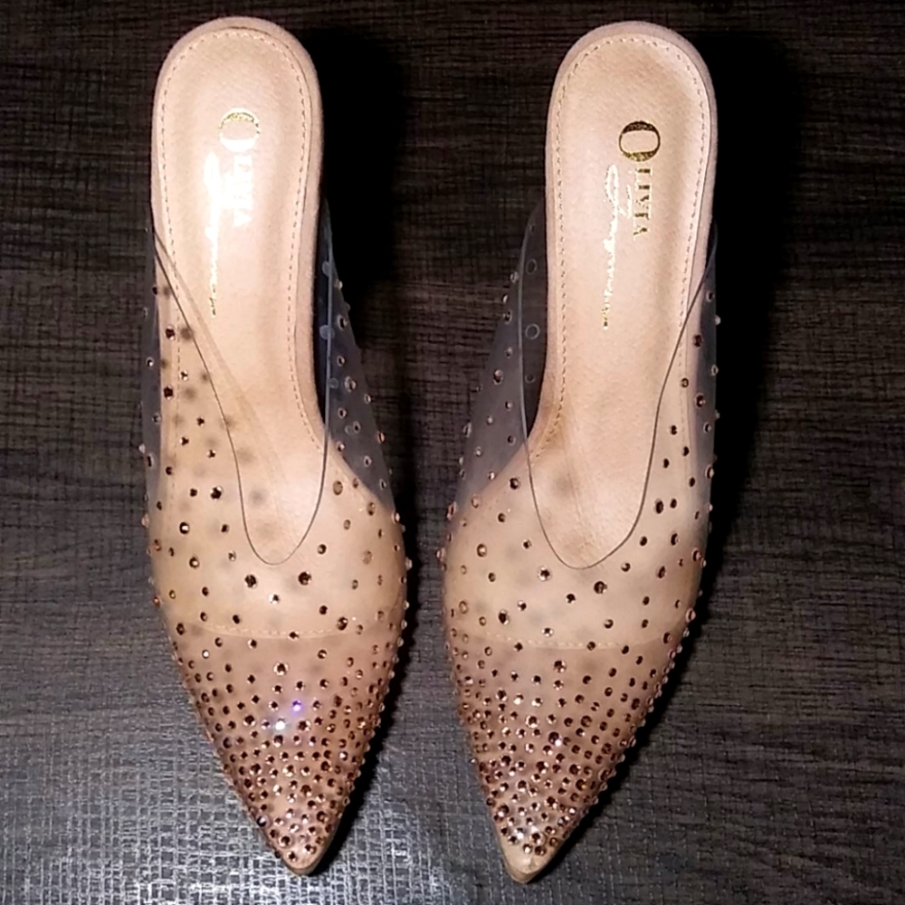 Olivia M. Ferguson Clear Jeweled Pointed Toe Heels